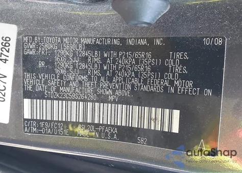 2009 Toyota Sienna Le z USA, uszkodzony, nr VIN 5TDZK23C59S264280